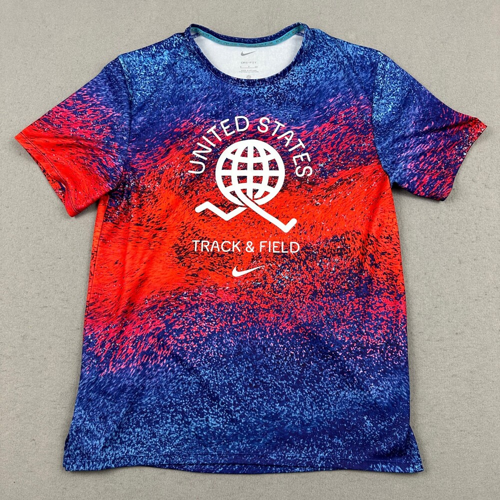 Nike USA Track & Field Shirt Men Small Blue Red Dri-Fit Graphic Flag Patch S